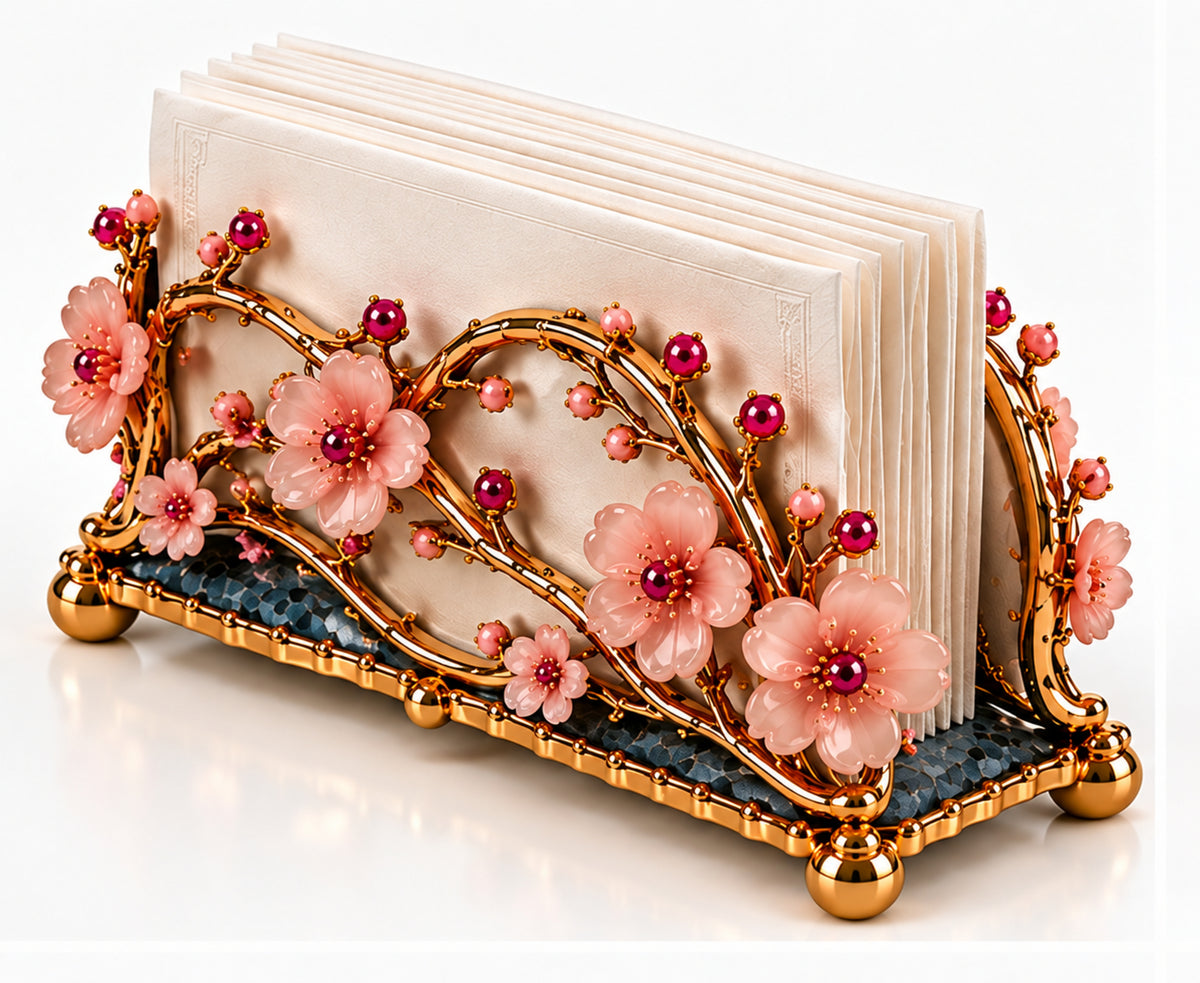 24K Gold Vermeil Cherry Blossom Napkin Holder with Pink Opal and Garnets
