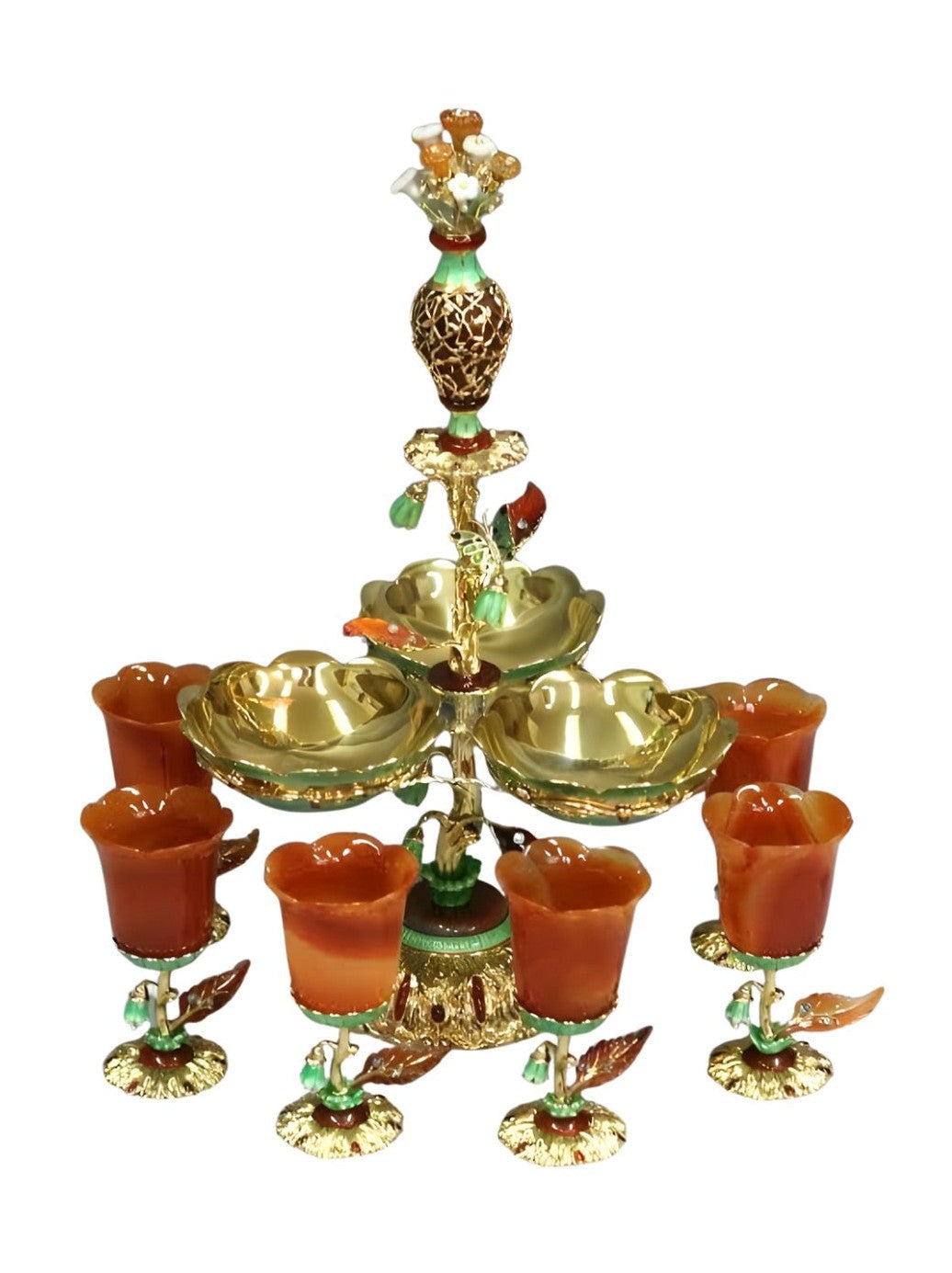 Royal Bouquet 18K gold centerpiece surrounded by six goblets, featuring carved red agate flowers, diamonds, sapphires, emeralds, and transparent hot enamel detailing.