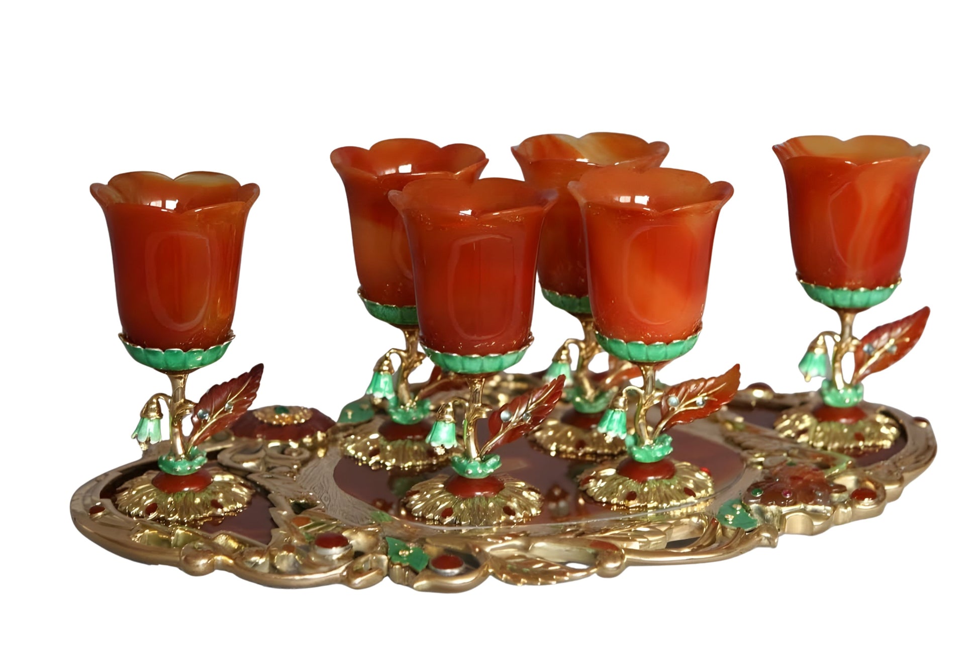 Tray from the Royal Bouquet 18K gold set with six goblets, showcasing carved red agate, emerald inlays, and fine enamel accents in a luxury handcrafted composition.