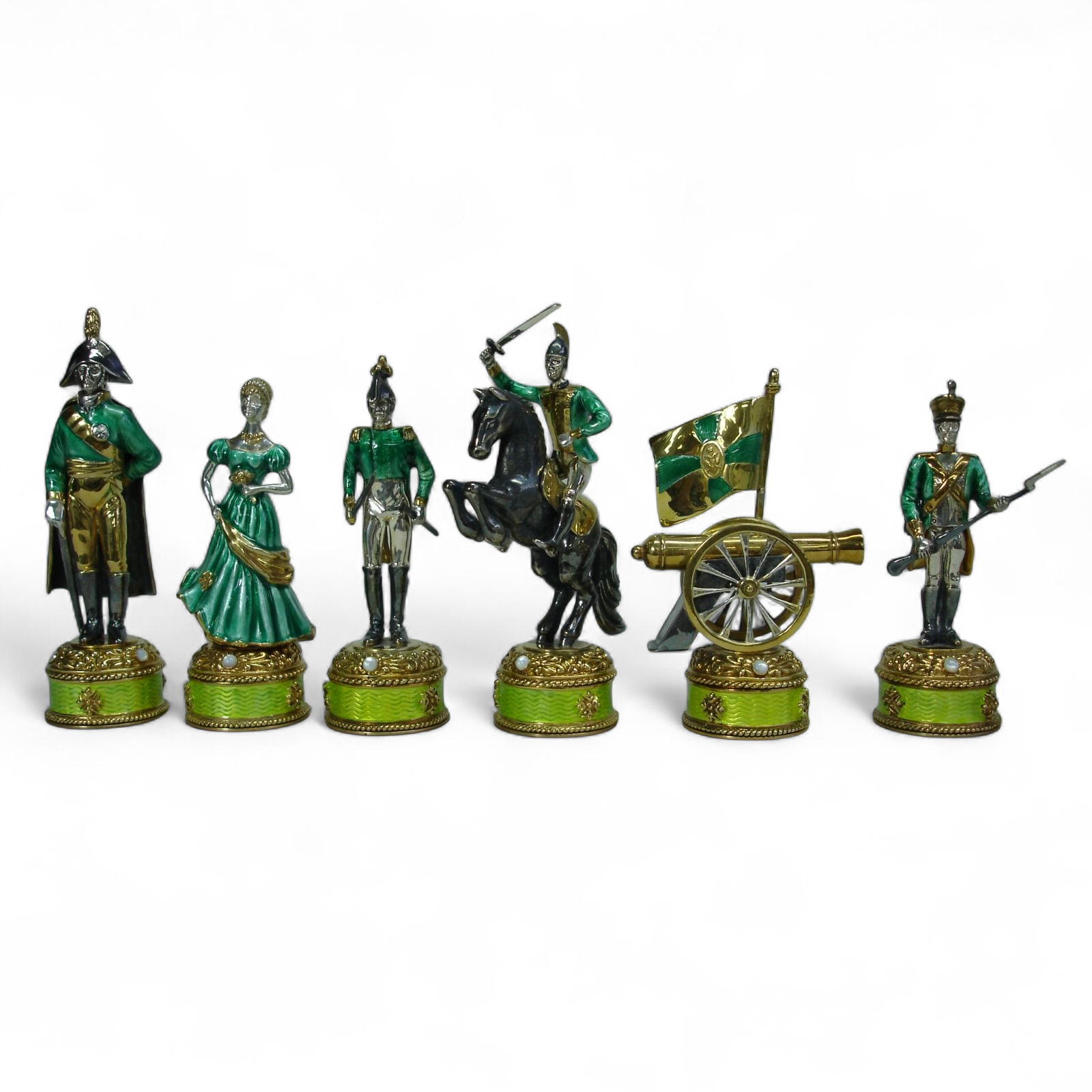 Russian side chess pieces representing Alexander I’s forces, crafted in silver with enamel finishes, gemstone bases, and historically accurate uniforms.