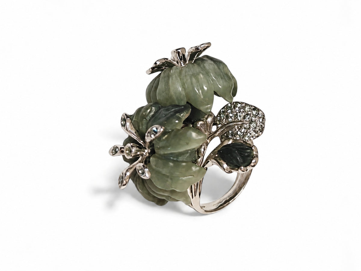 Asian Lily Ring – 18K White Gold, Cat’s Eye & Grey Sapphires | Konforti Jewelry
