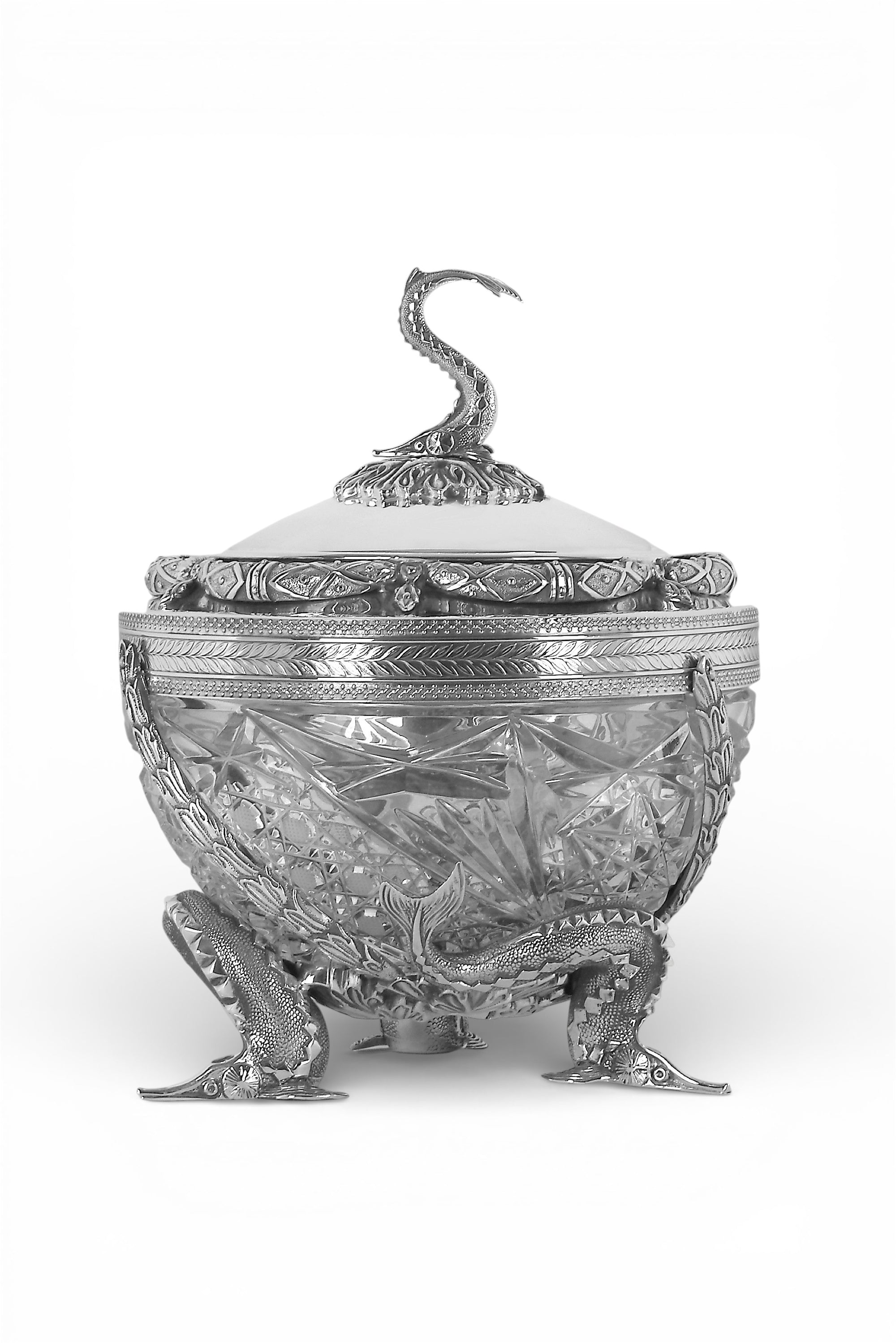 Fabergé-style sturgeon crystal caviar server with silver-gilt details, full view