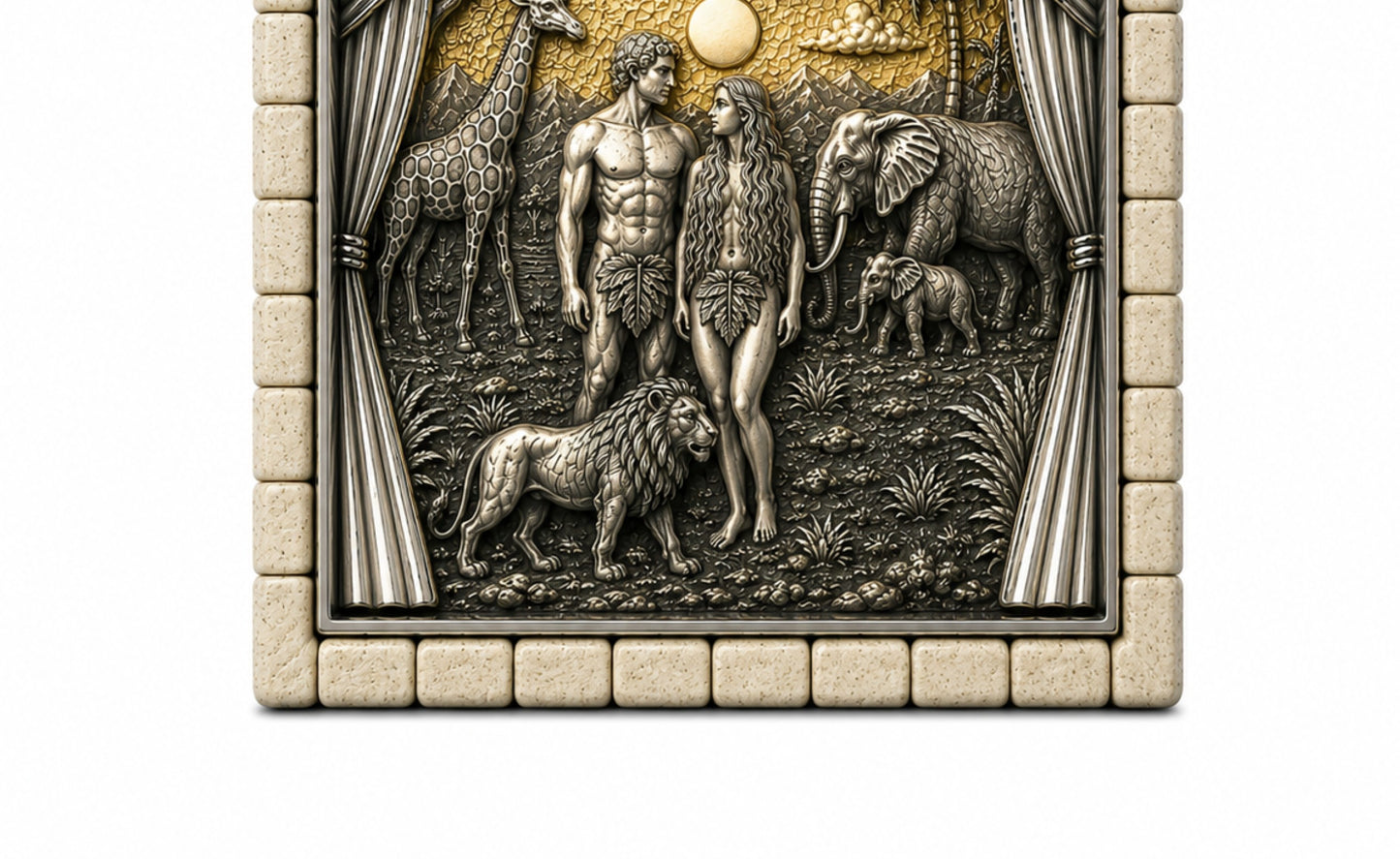 Detailed sculptural view of Adam and Eve surrounded by animals in the Garden of Eden on a handcrafted sterling silver pendant.