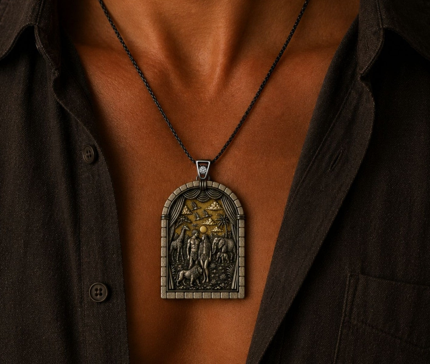 Sixth Day of Creation pendant depicting Adam and Eve in the Garden of Eden, handcrafted in sterling silver with 24K gold gilding, Jerusalem stone and a 0.30 carat diamond.
