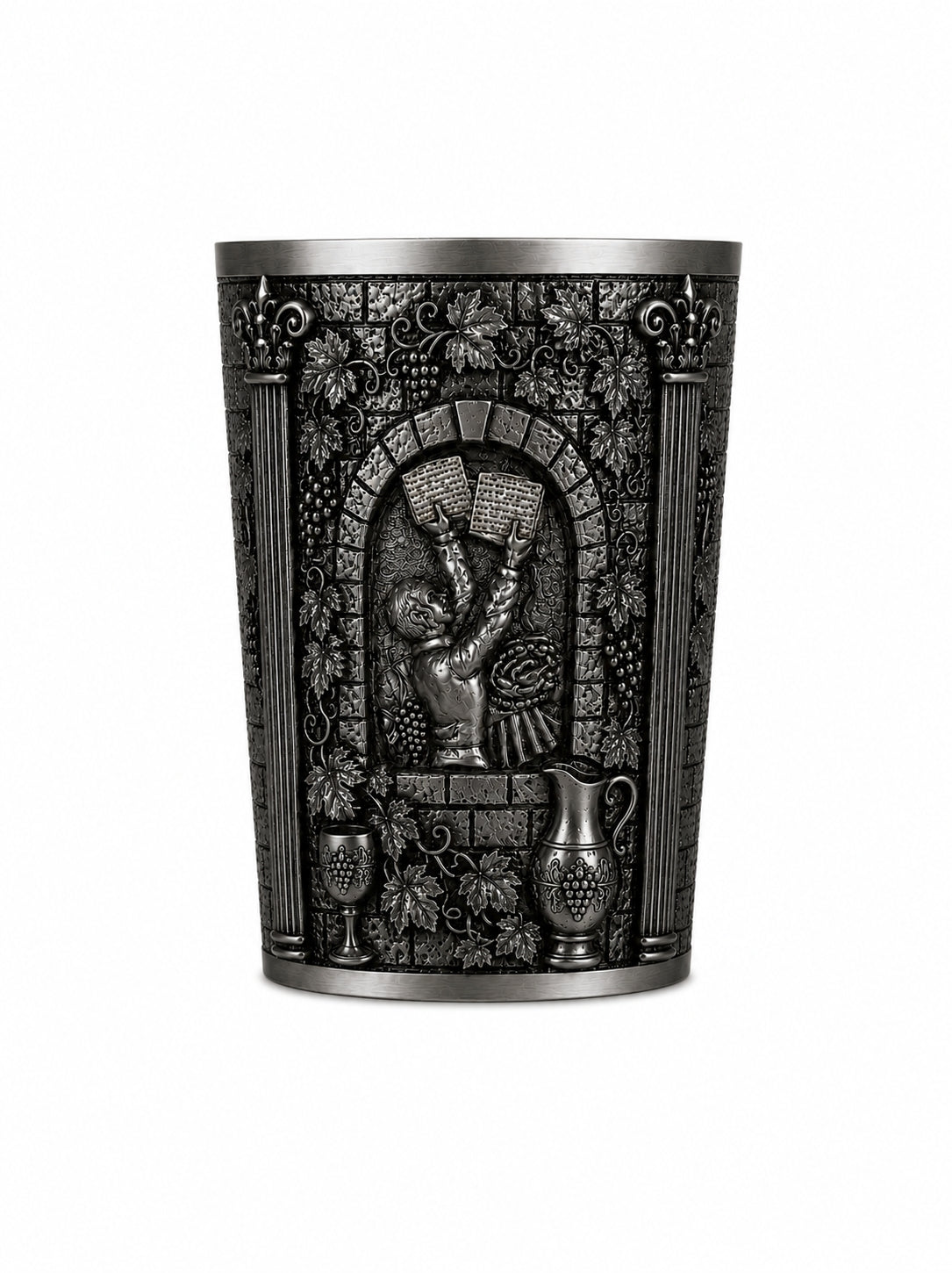 Sterling silver Kiddush cup relief depicting a child holding the afikoman during the Passover Seder, framed by architectural arches, grapevine ornamentation, and ceremonial wine vessels.