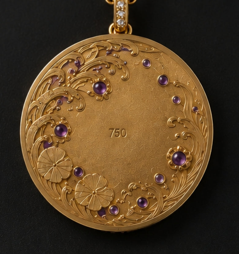 Back of The Violet Dream 18K gold pendant with hand-worked floral ornament and natural amethyst gemstones