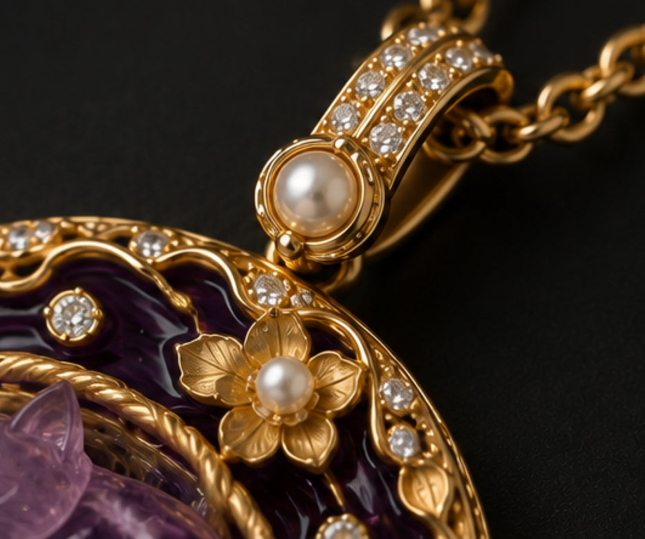 18K gold pendant detail with natural pearl, diamonds, sculpted flower and deep purple hot enamel