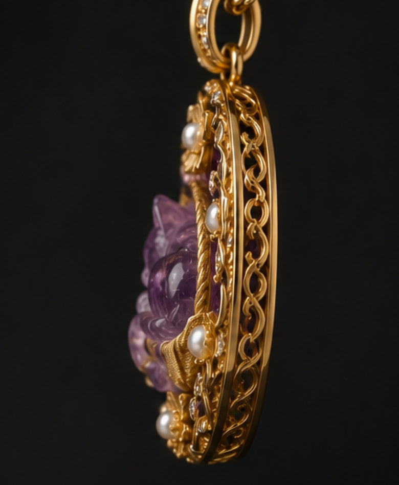 Side view of The Violet Dream amethyst cat pendant showing sculptural 18K gold openwork and pearl details