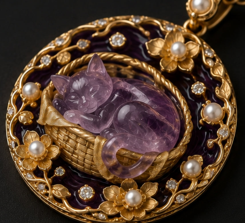 Hand-carved amethyst sleeping cat in golden basket with 18K gold flowers, pearls, diamonds and purple enamel