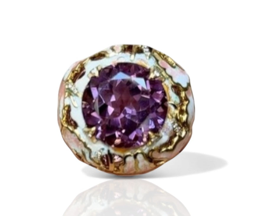 Front view of the ametrine lily ring showcasing the 32ct ametrine center stone, layered enamel lilies with pink sapphires, and diamond accents for added luxury.