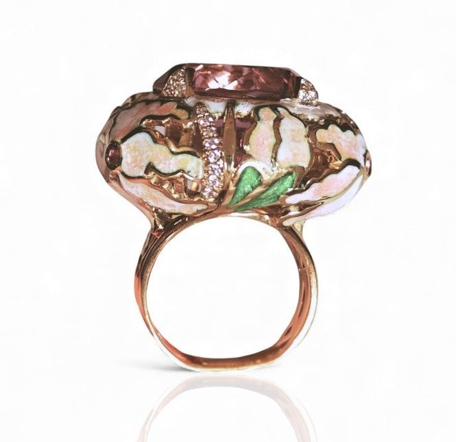 Side view of the ametrine lily ring showing the gemstone elevation, enamel lily details, and the diamond-accented structure of the ring.