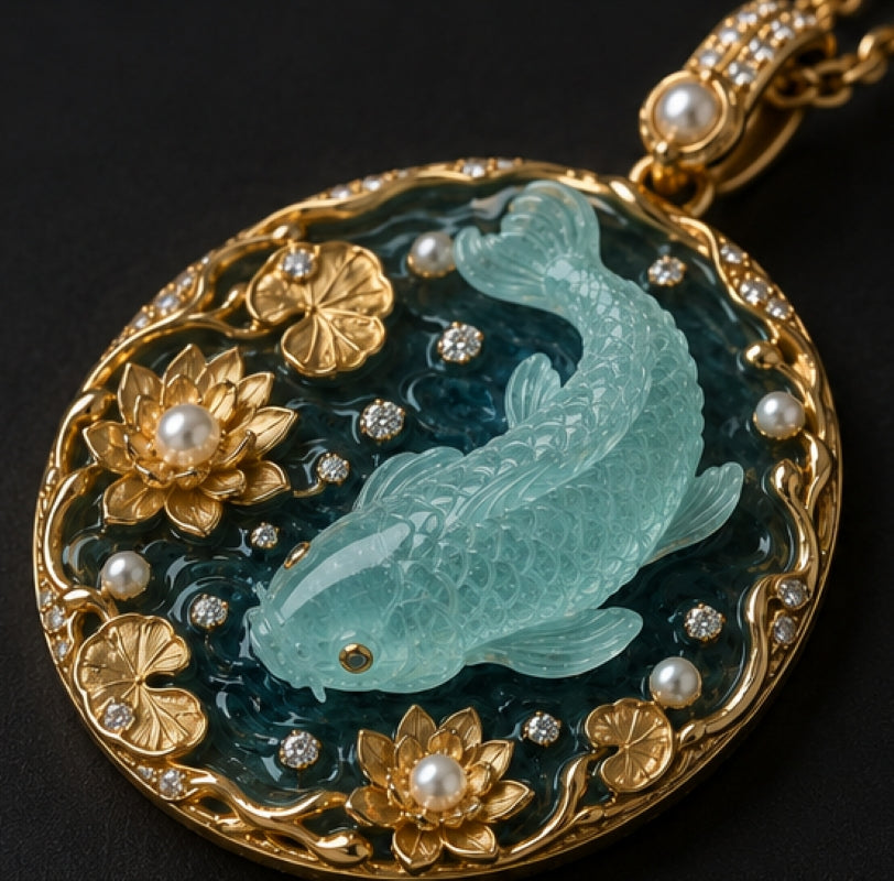 18K yellow gold aquamarine koi pendant with hand-carved fish, lotus flowers, diamonds, pearls and blue hot enamel