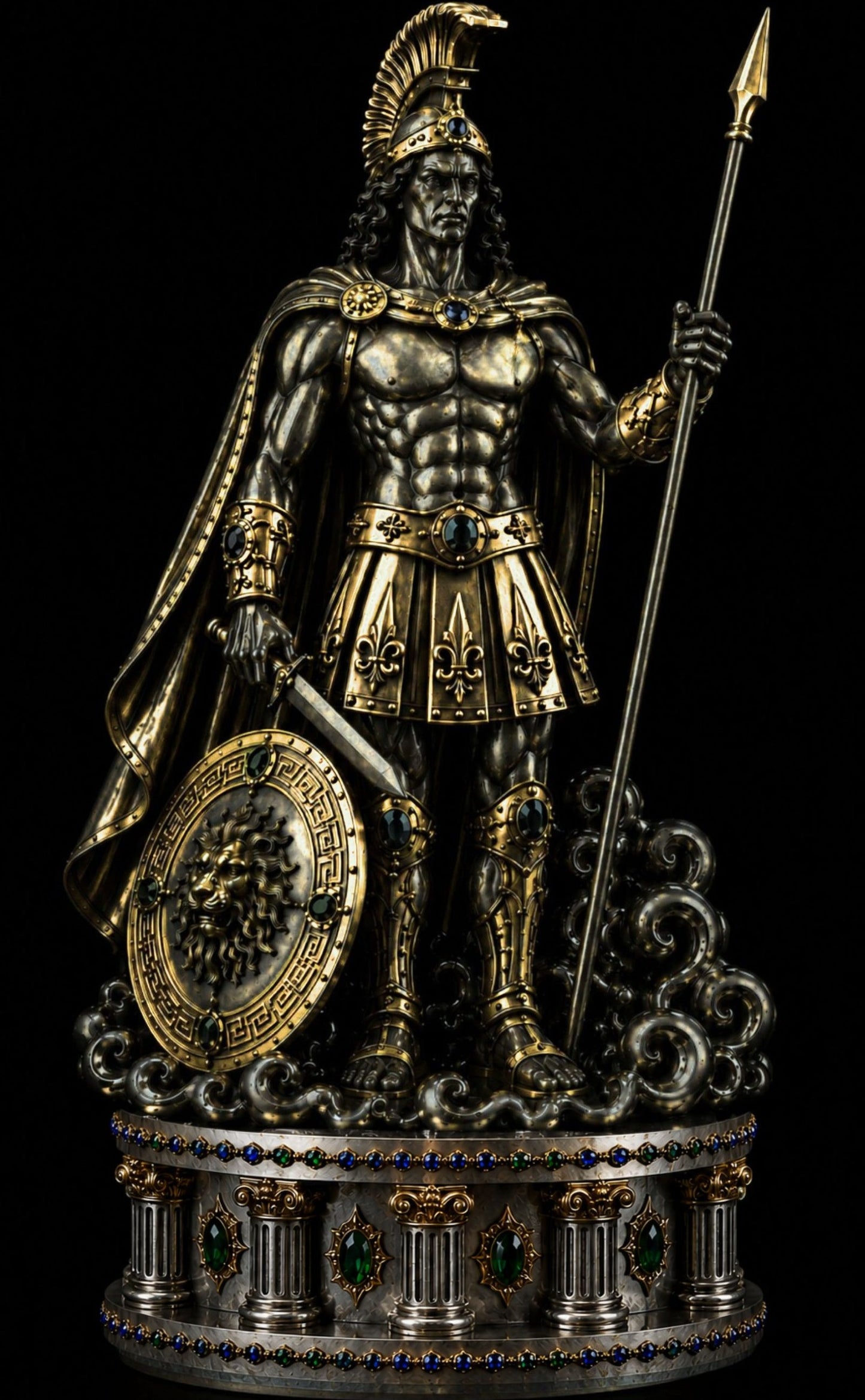 A detailed classical warrior statue in metallic gold and silver tones, holding a spear and shield, standing on an ornate pedestal against a black background.