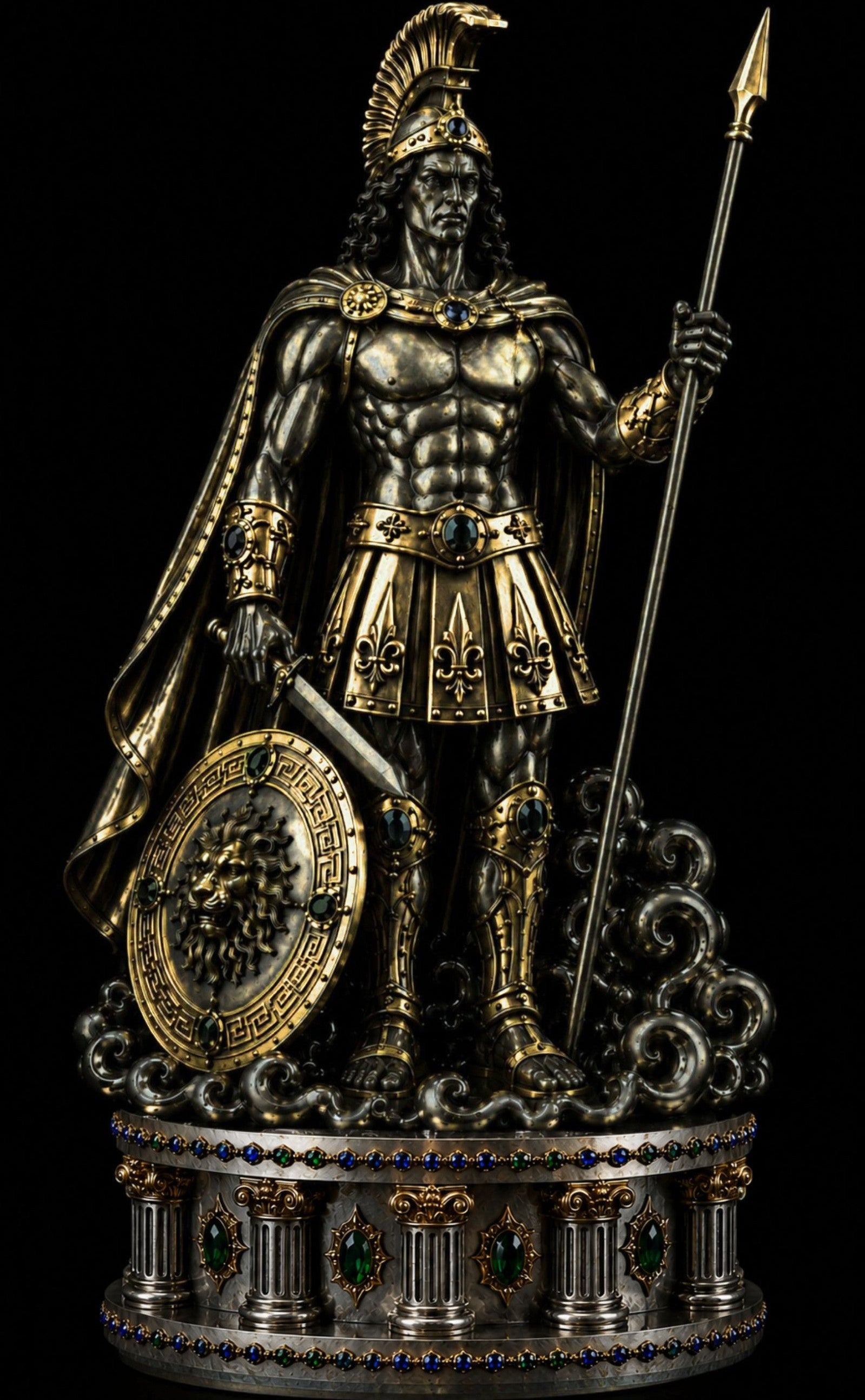 A detailed classical warrior statue in metallic gold and silver tones, holding a spear and shield, standing on an ornate pedestal against a black background.