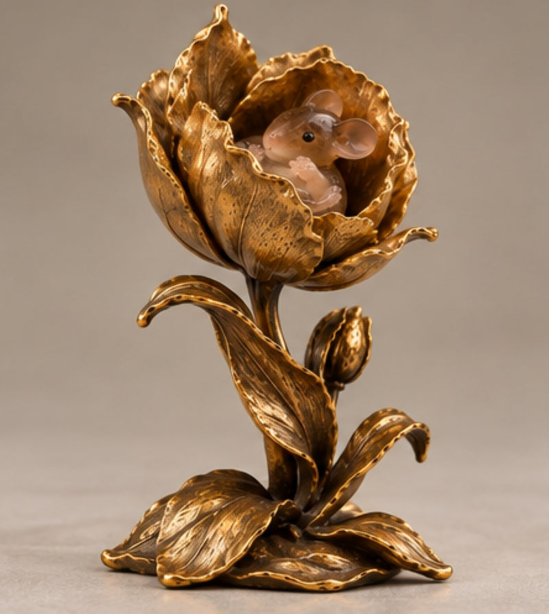 Bronze Flower Sculpture with Hand-Carved Smoky Quartz Mouse and Black Onyx Eyes