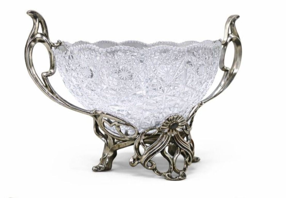 Sterling silver and crystal Art Nouveau centerpiece bowl shown from an angled perspective