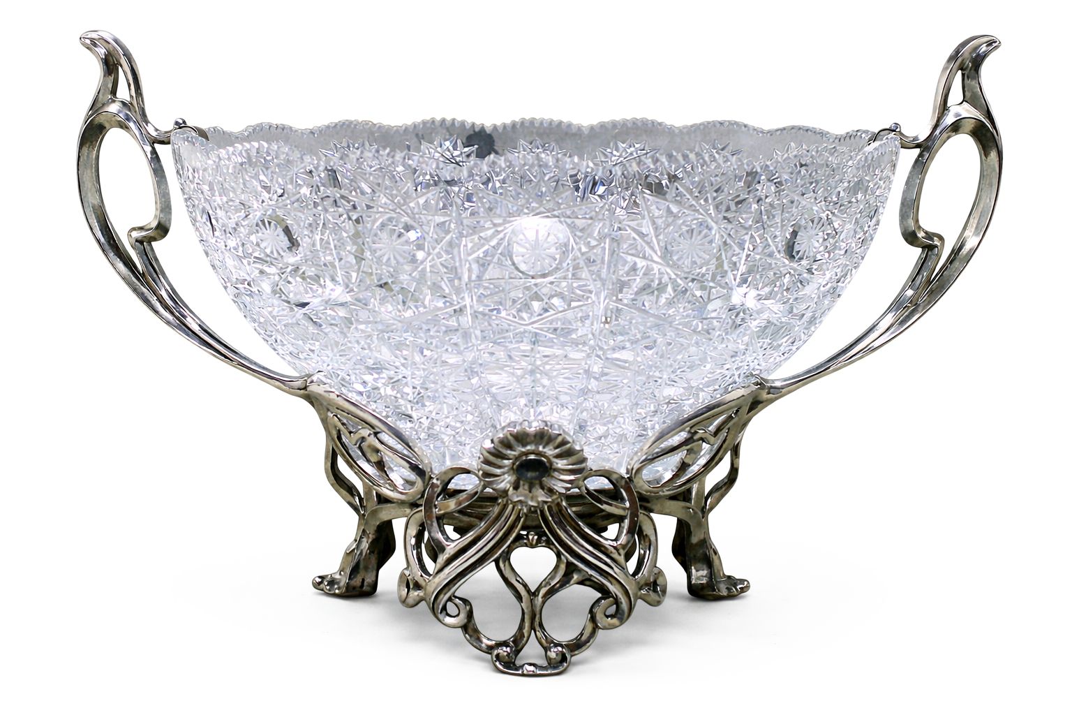 Art Nouveau centerpiece bowl in sterling silver with hand-cut crystal and flowing organic design