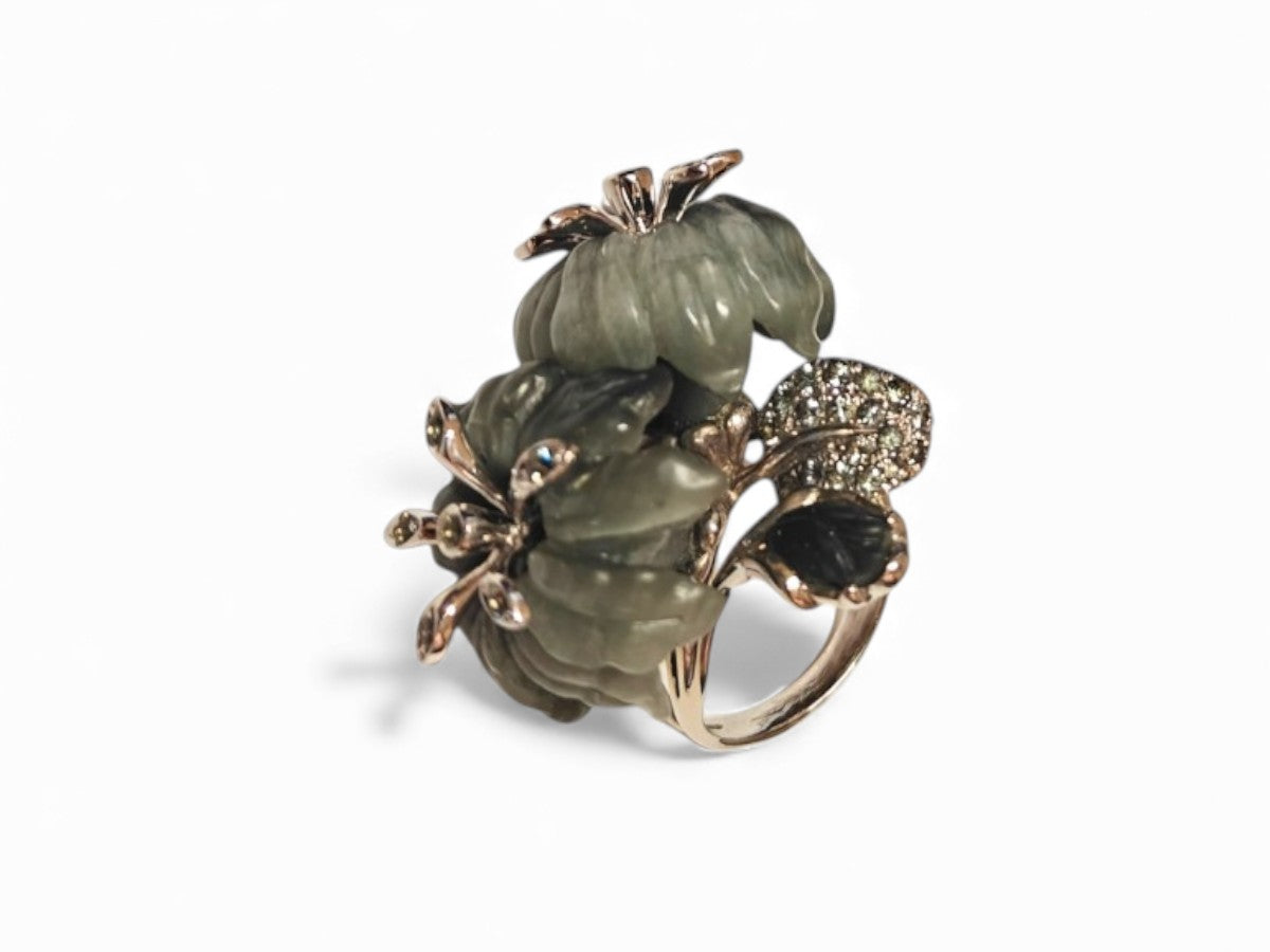 Front view of the Asian Lilly ring featuring hand-carved cat’s eye gemstone flowers, 3ct grey sapphires, and rhodium-plated 18K white gold artistry.