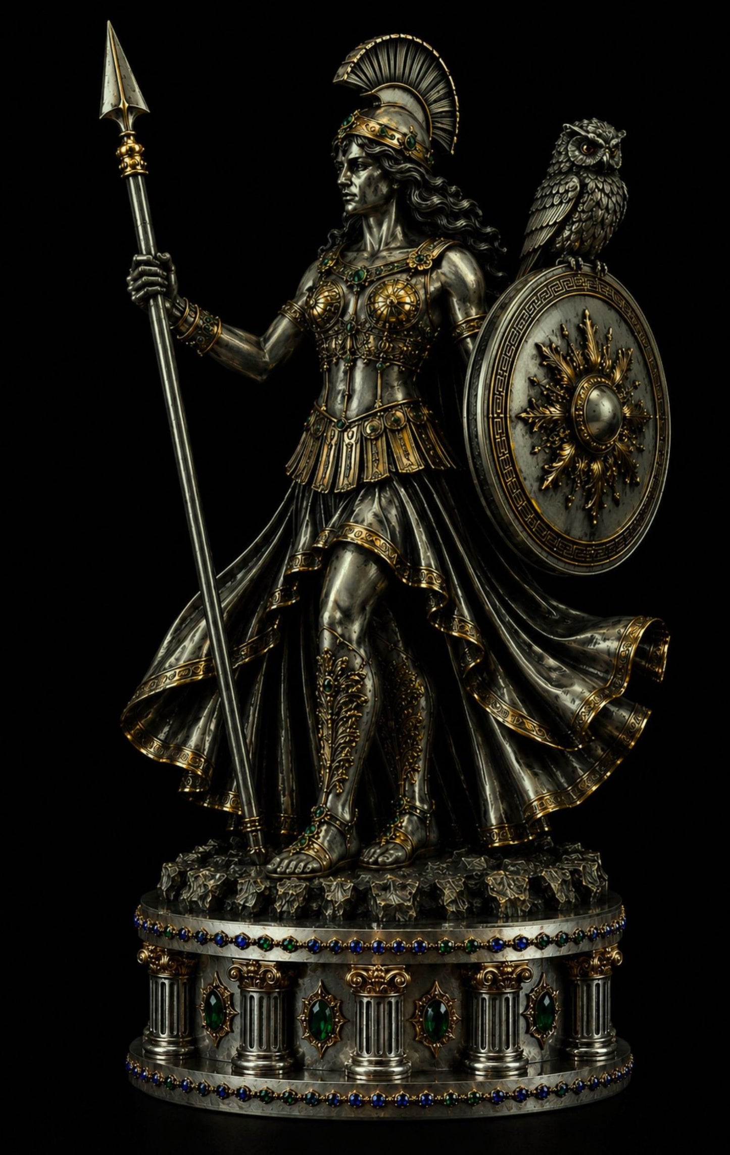An ornate metallic warrior statue on a decorative pedestal base, holding a spear and shield, with an owl perched on the shield. The figure is rendered in silver-toned metal with prominent gold accents and dark detailing, photographed against a solid black background.