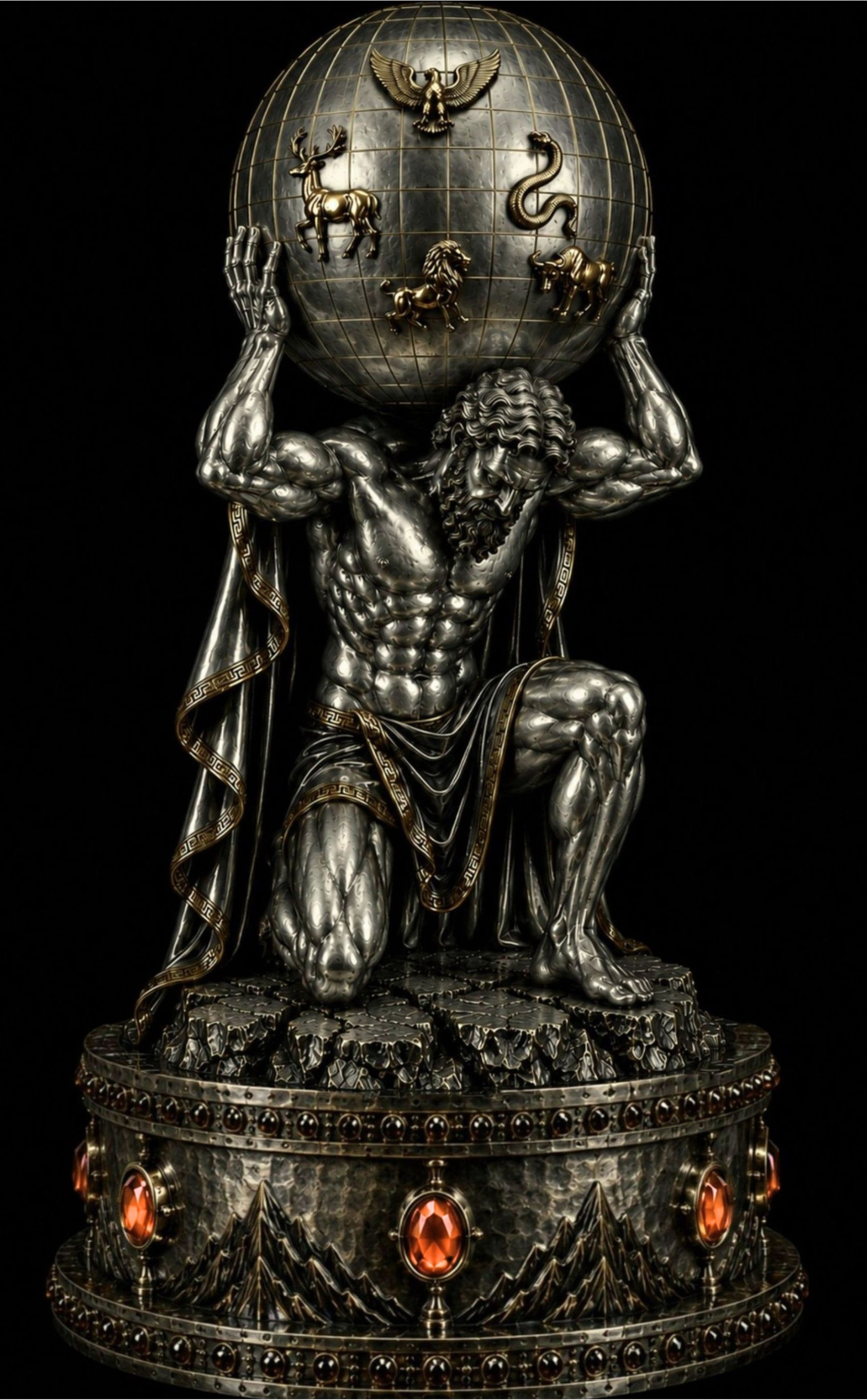 A detailed classical-style statue of a muscular male figure kneeling and holding a large metallic globe on his shoulders, with zodiac animal motifs on the globe and glowing amber accents on the base, set against a solid black background.