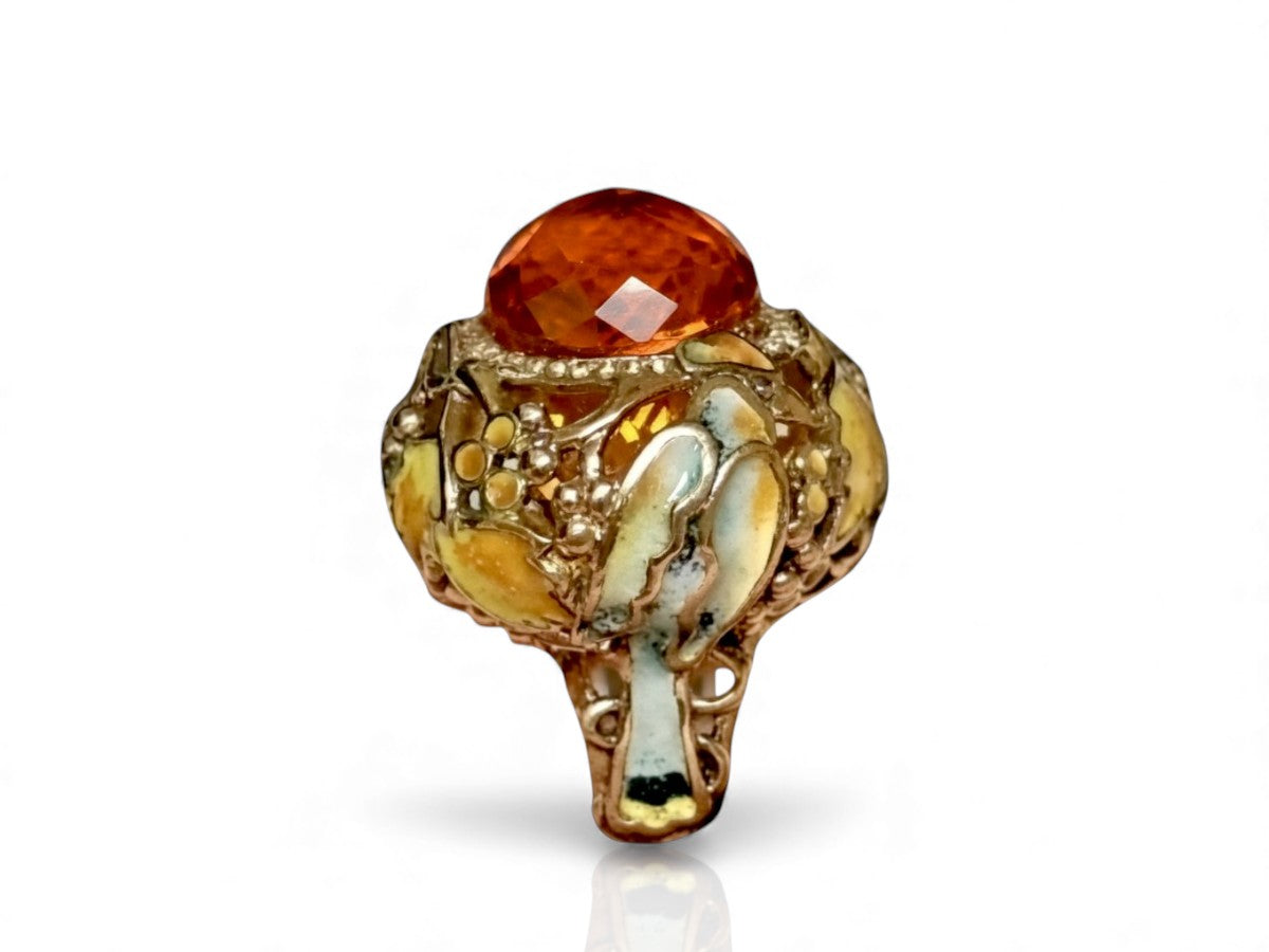 Front view of the Autumn Ring in 18K yellow gold featuring a 33ct pear-shaped Madeira citrine briolette, hand-painted hot enamel artwork, and yellow sapphire accents.