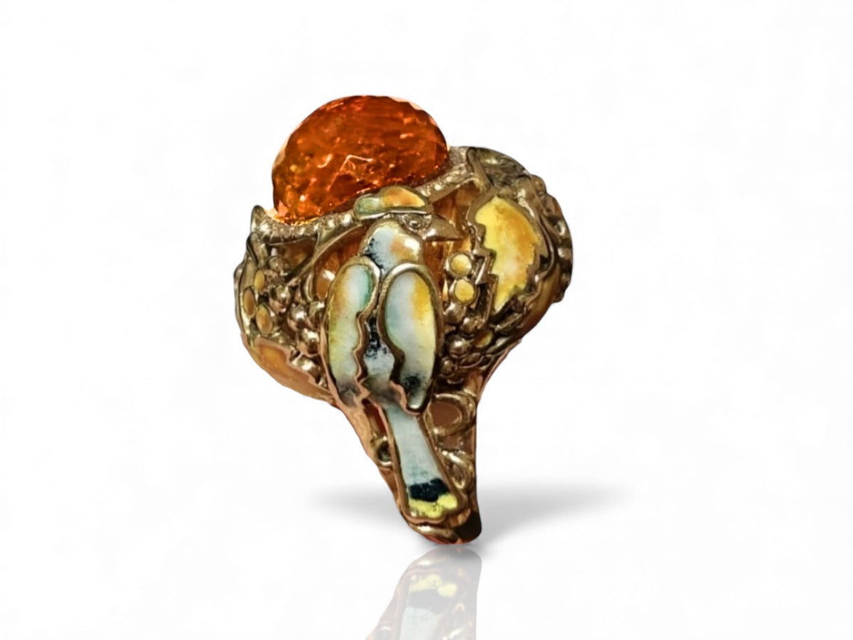 Top perspective of the Autumn Ring showcasing the brilliance of the 33ct Madeira citrine center stone, layered enamel colors, and the surrounding 18K yellow gold setting.
