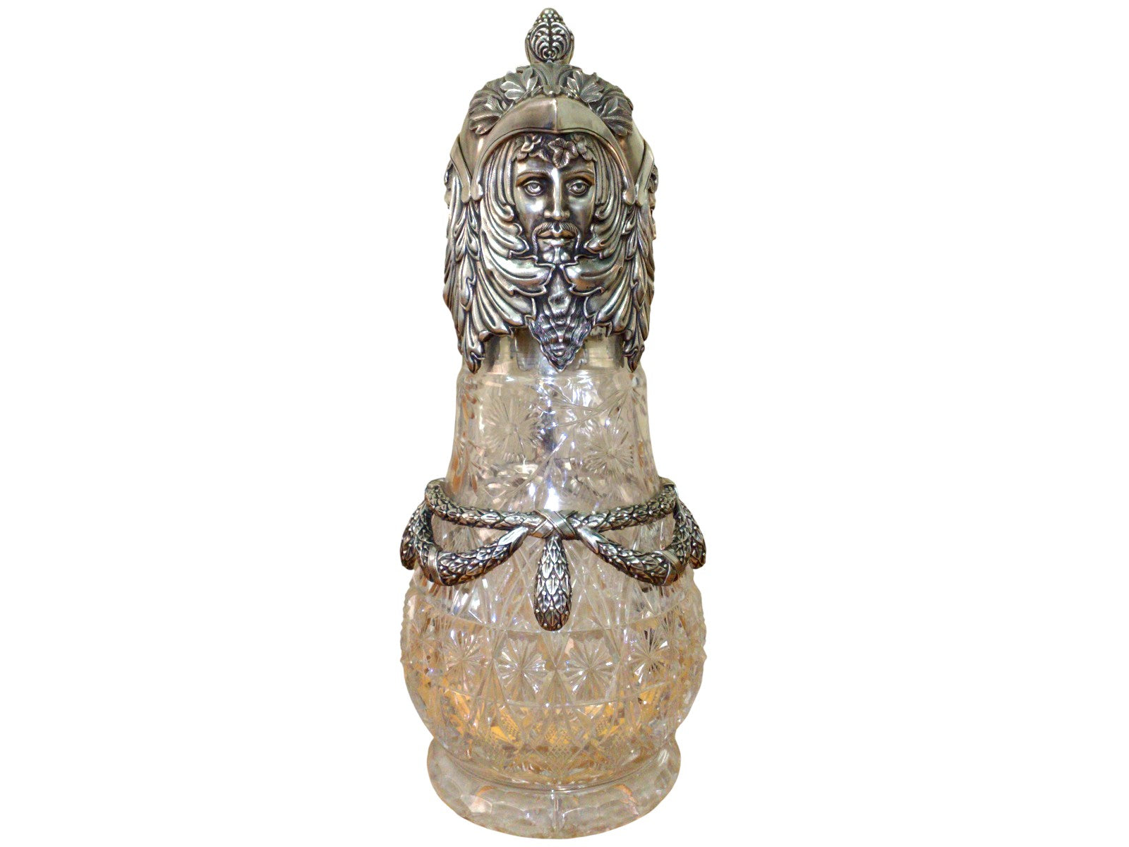 Silver and Bohemian crystal wine pitcher with Bacchus face, gold plated interior and sculptural details