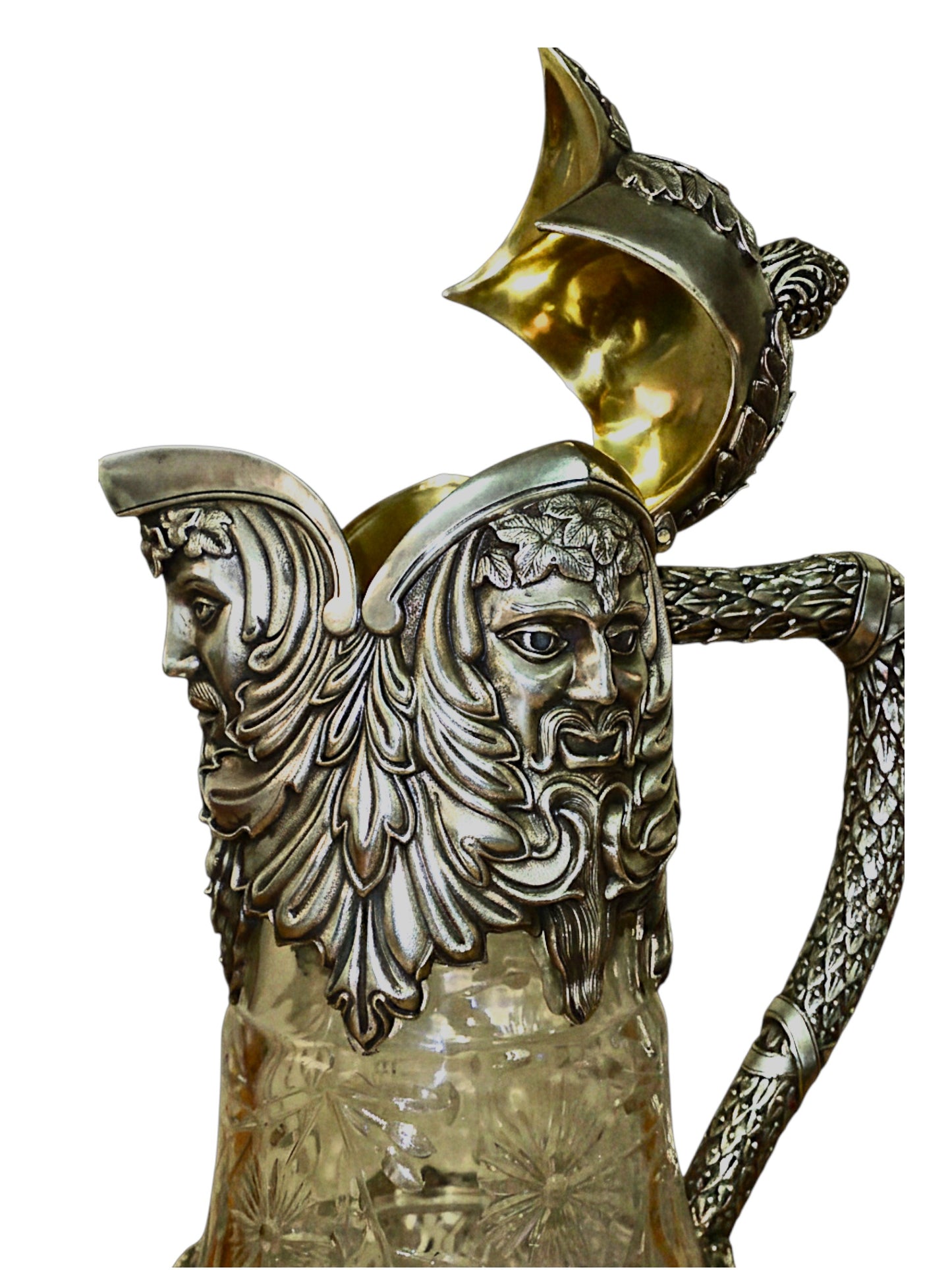 Bacchus & Satyr Silver Wine Pitcher – Sculptural Bohemian Crystal Vessel with 24K Gold Interior