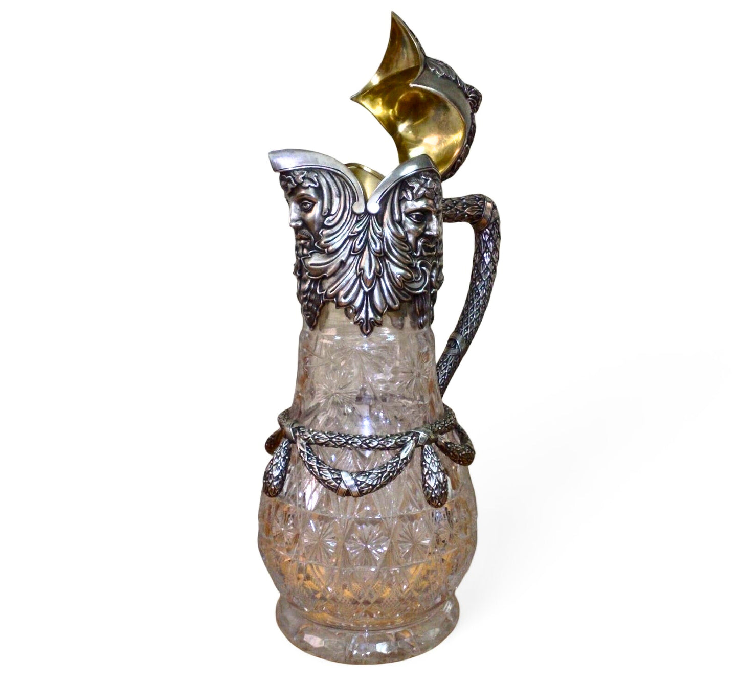 Bacchus & Satyr Silver Wine Pitcher – Sculptural Bohemian Crystal Vessel with 24K Gold Interior