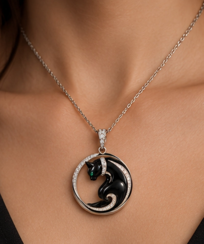 18K White Gold Black Onyx Cat Pendant with 2.0ct Diamonds & Emerald Eyes