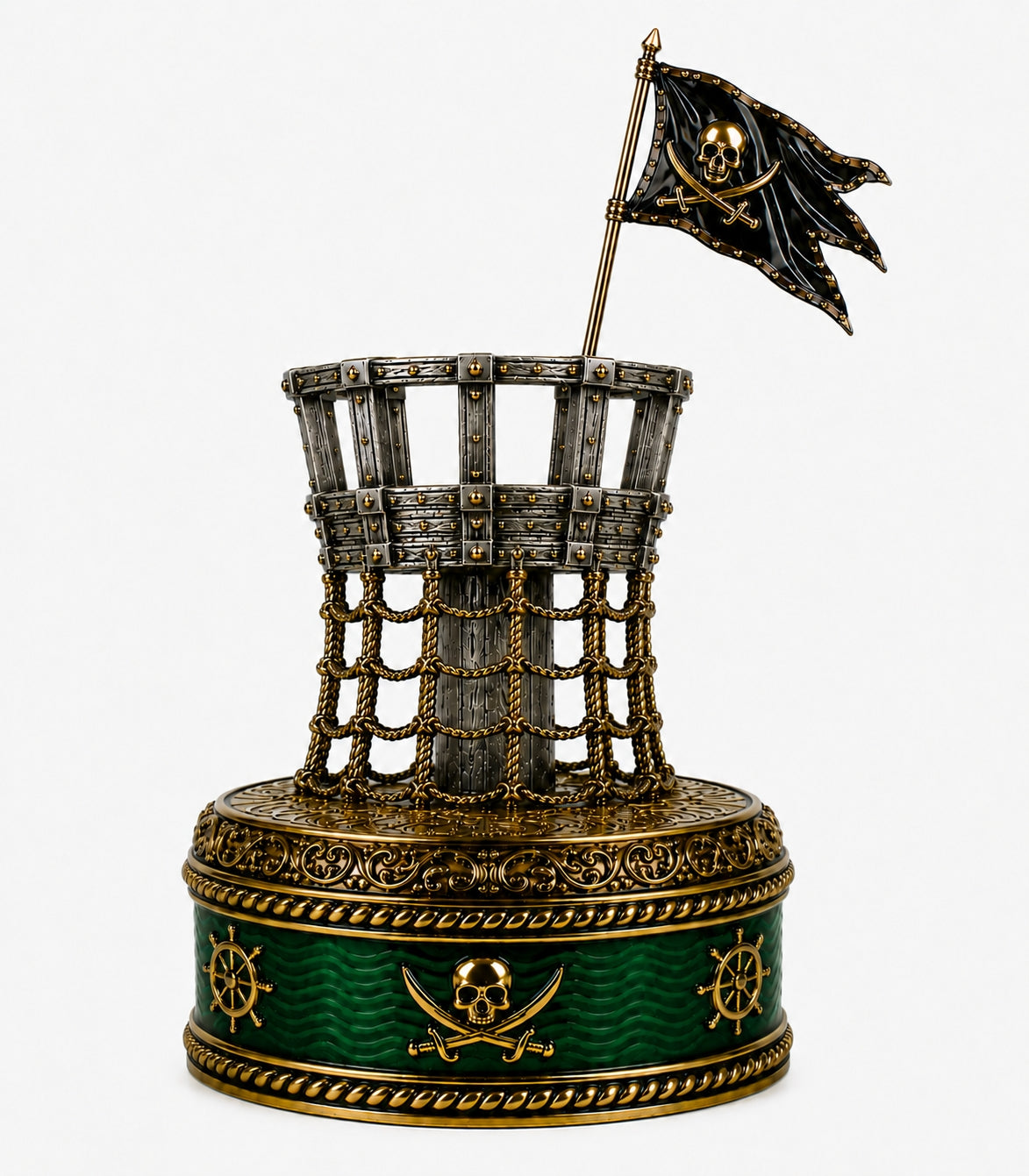 Blackbeard crow's nest Rook chess piece in sterling silver with pirate flag and green enamel base