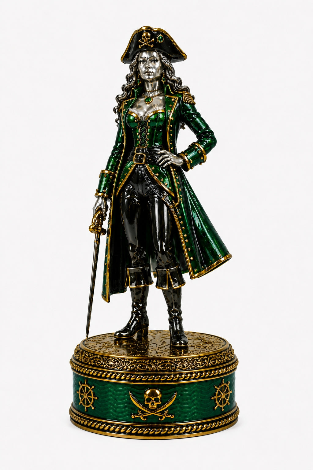 Blackbeard Queen sterling silver chess piece with emerald green enamel and gold details