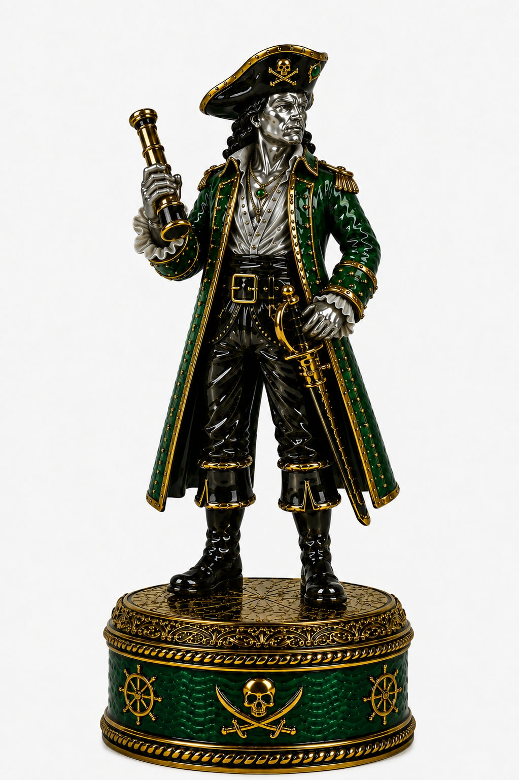 Blackbeard Bishop pirate chess piece handcrafted in sterling silver, green enamel and gold