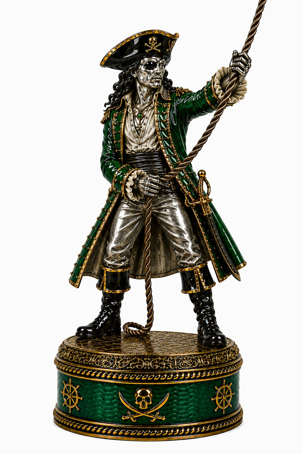Blackbeard Knight pirate chess piece in sterling silver and emerald green enamel holding rope