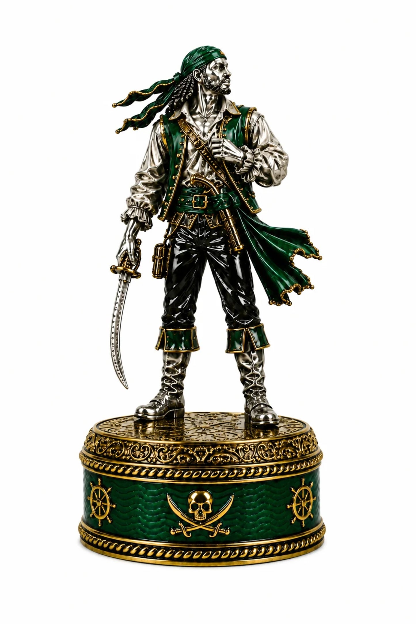 Blackbeard pirate Pawn chess piece in sterling silver with emerald green enamel and gold details