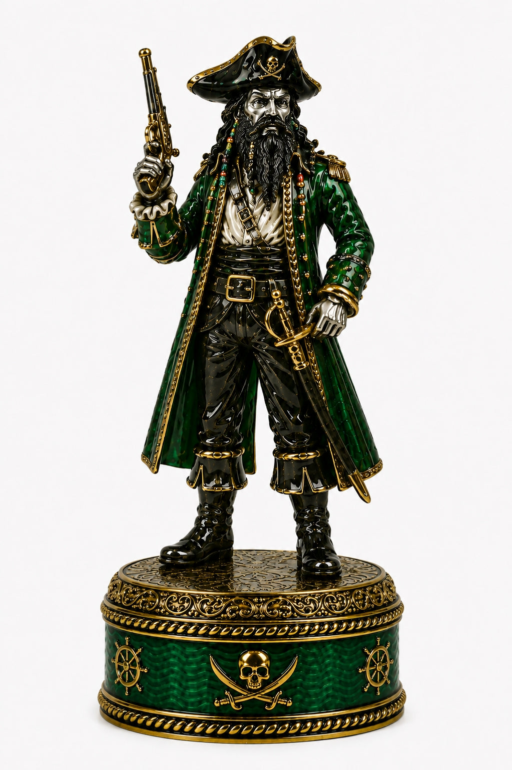 Blackbeard King pirate chess piece in sterling silver, emerald green enamel and 24K gold