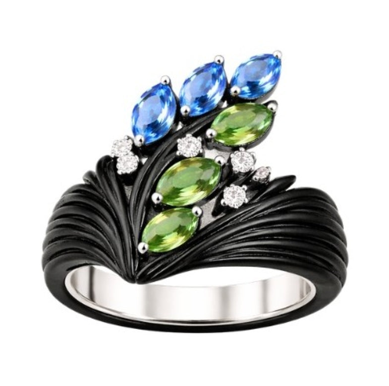 Blooming Orchard sculptural ring in 18K gold with carved ebony wood, tsavorite, blue topaz and diamond accents