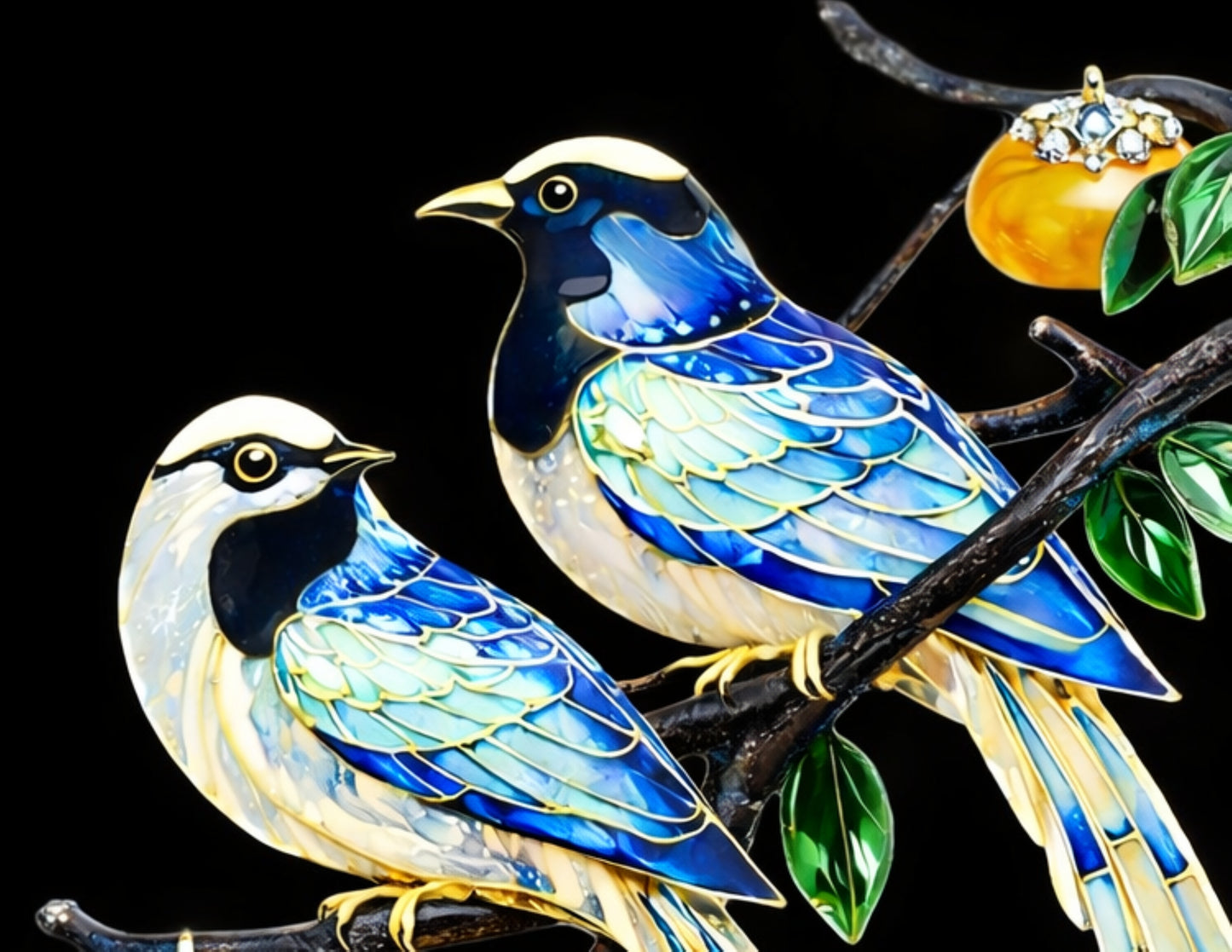 Close-up of hand enameled songbirds in blue, white, and black hot enamel on the Persimmon Garden 18K gold brooch.