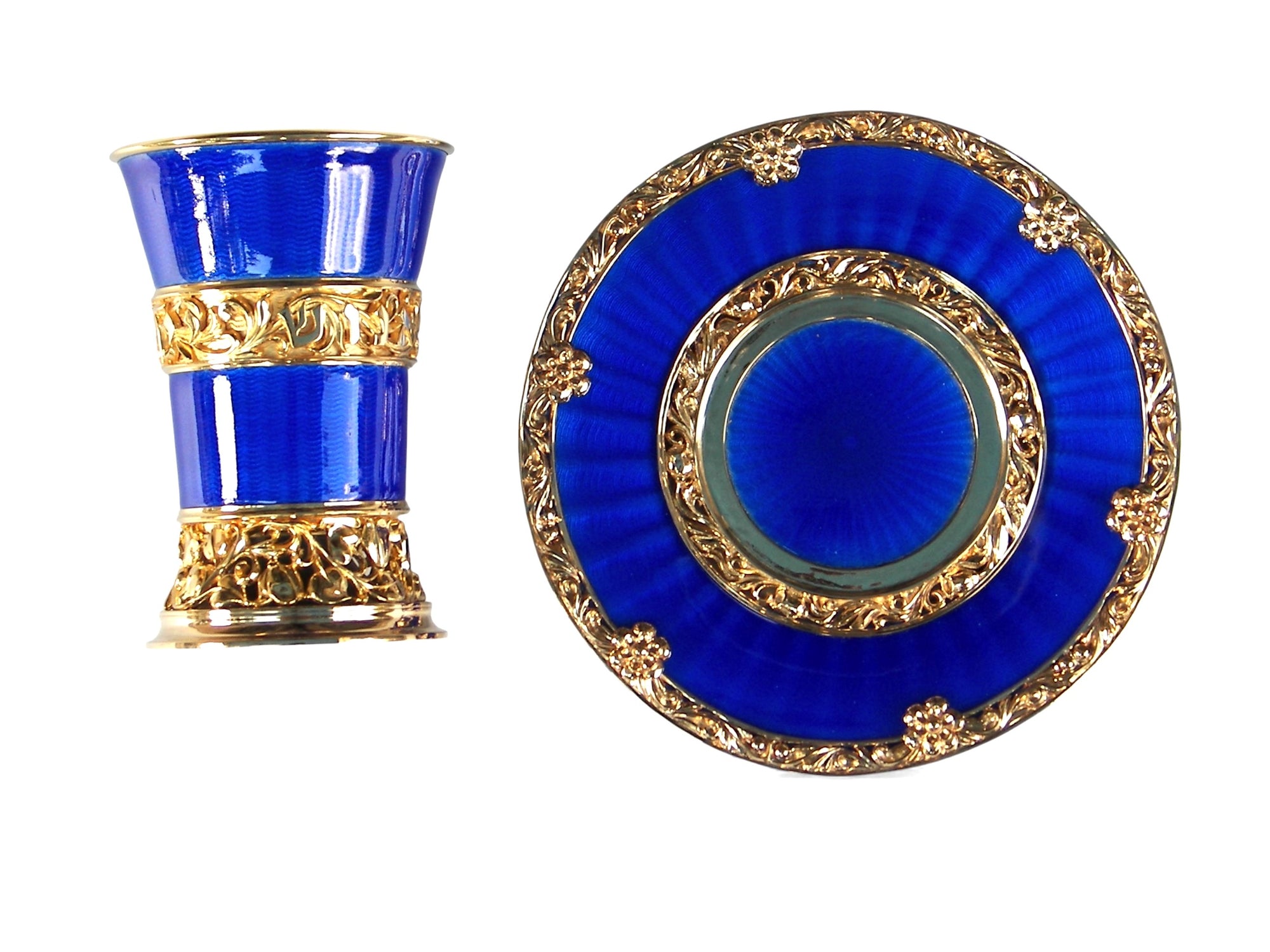 Blue hot enamel sterling silver Kiddush cup and plate set with gold plating