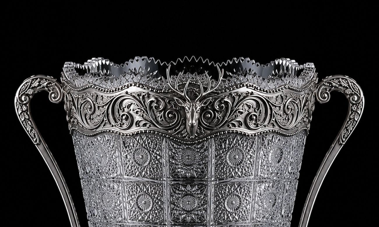 An ornate silver-toned metal cup or trophy with intricate embossed patterns, a decorative rim, and two handles, shown against a solid black background.