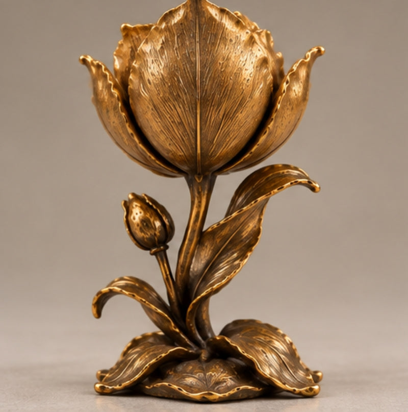 Bronze Flower Sculpture with Hand-Carved Smoky Quartz Mouse and Black Onyx Eyes