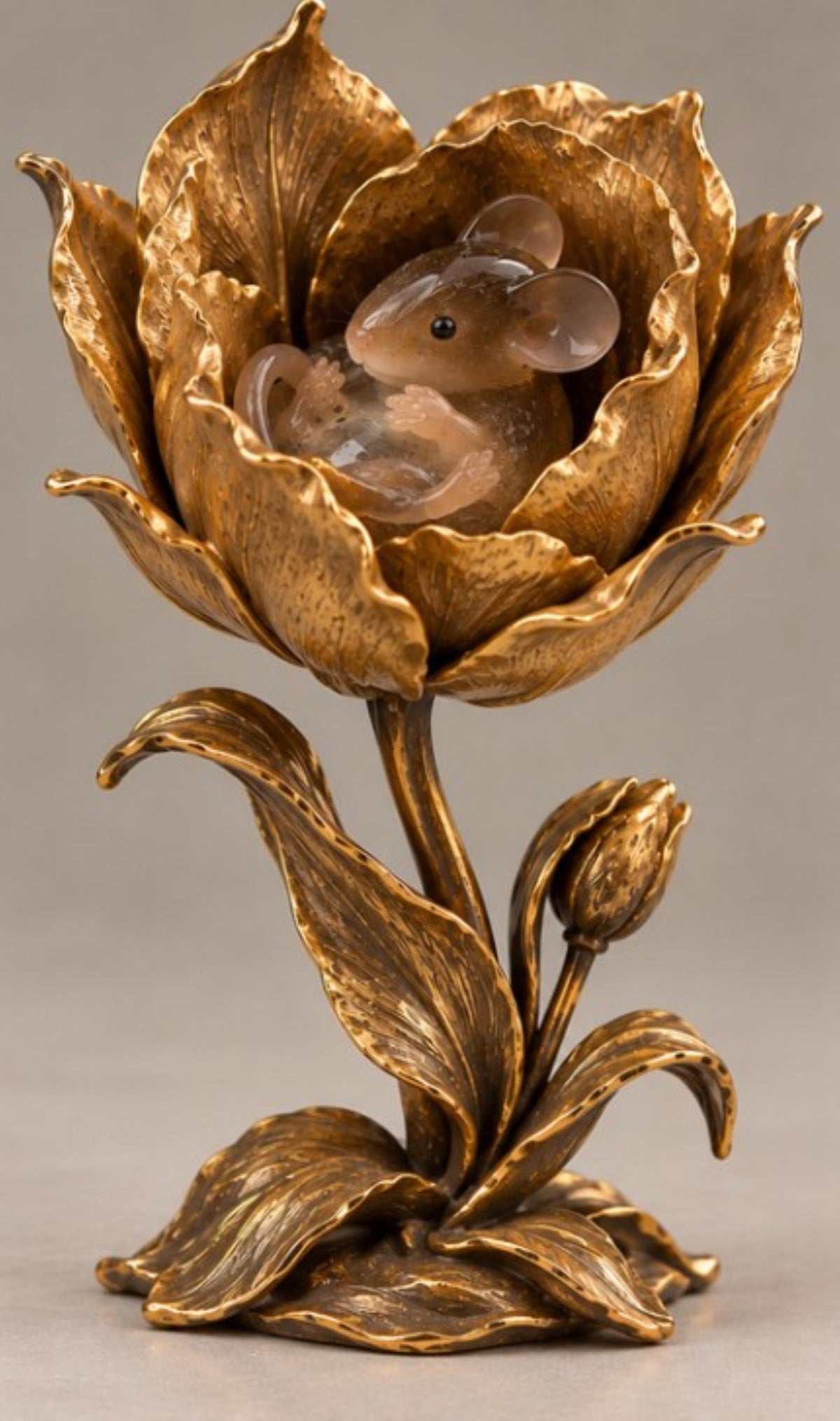 Bronze Flower Sculpture with Hand-Carved Smoky Quartz Mouse and Black Onyx Eyes