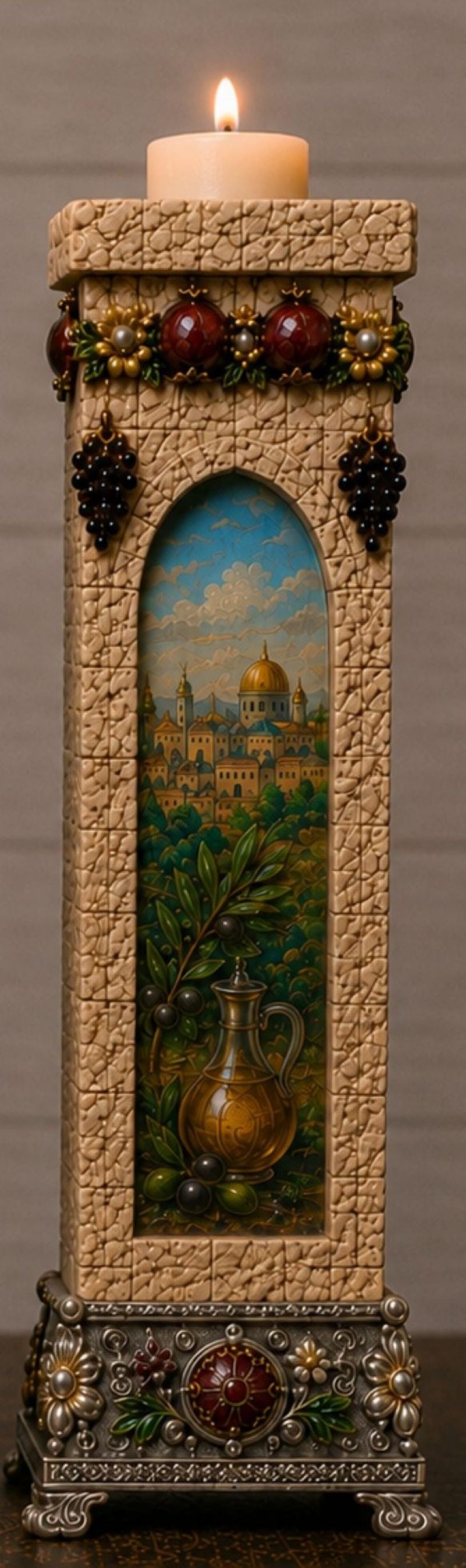 Jerusalem Stone Candlesticks with Sterling Silver & Original Oil Paintings