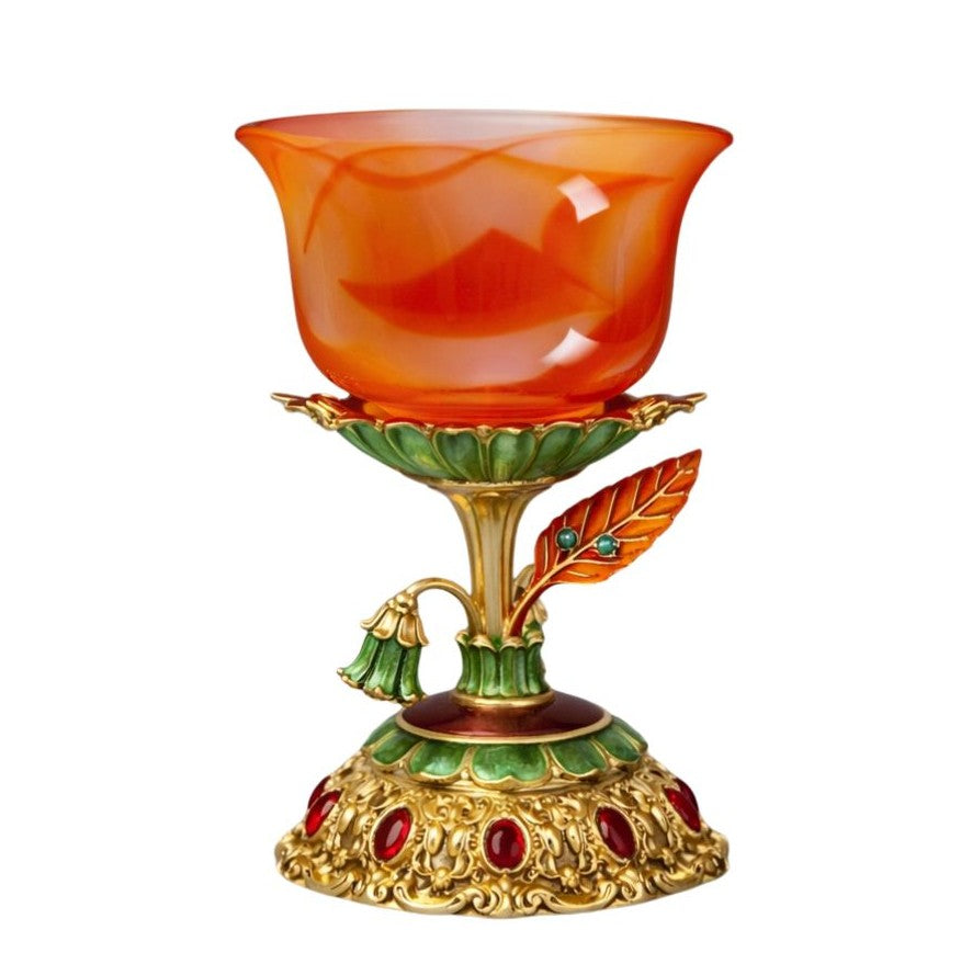 Luxury carnelian decorative bowl in 18K yellow gold with guilloché enamel, diamonds and emeralds, Royal Bouquet handcrafted centerpiece