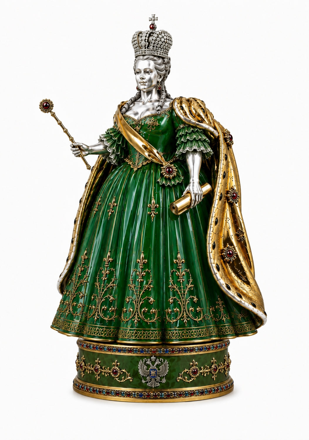 Catherine the Great chess queen figure in silver, green enamel, gemstones and gold detailing