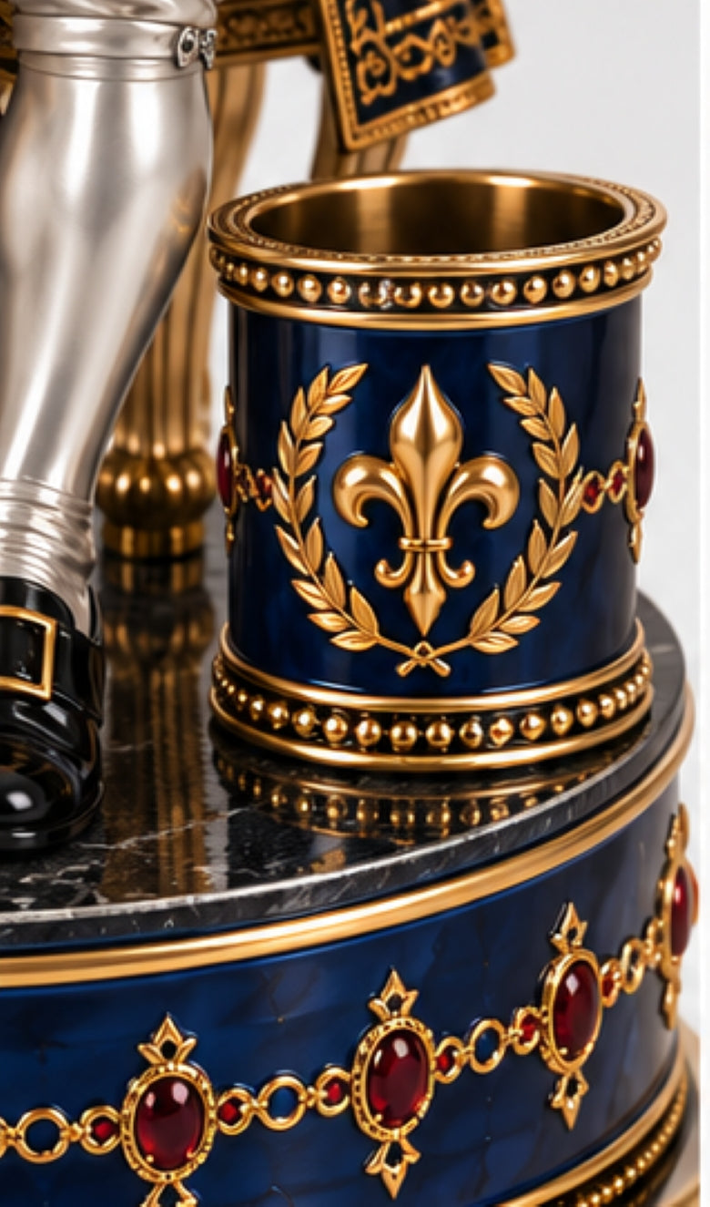 Detail of Cellist luxury paper holder base with blue hot enamel, garnets, 24K gold gilt ornament and black stone platform