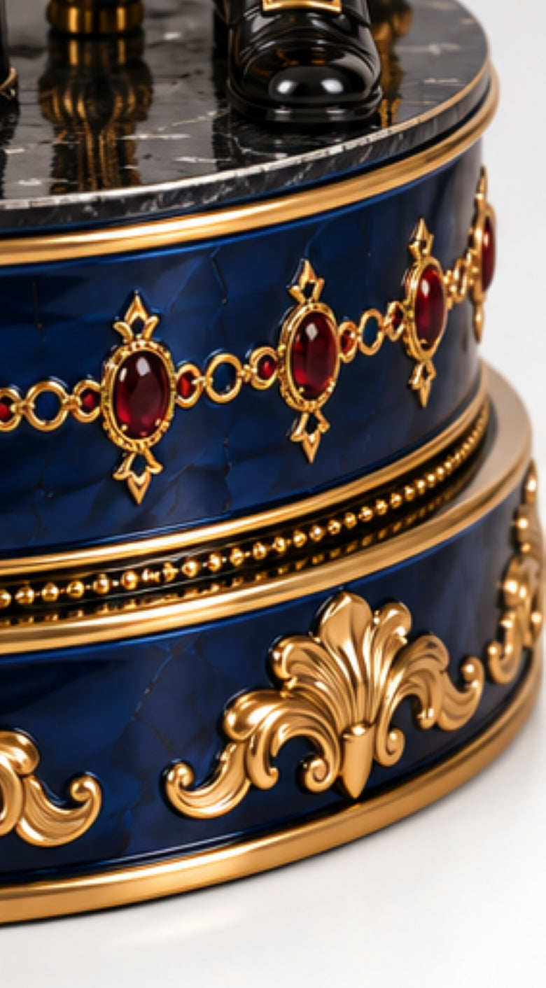Close-up of sterling silver Cellist sculpture playing cello with blue enamel, garnet and 24K gold gilt costume details