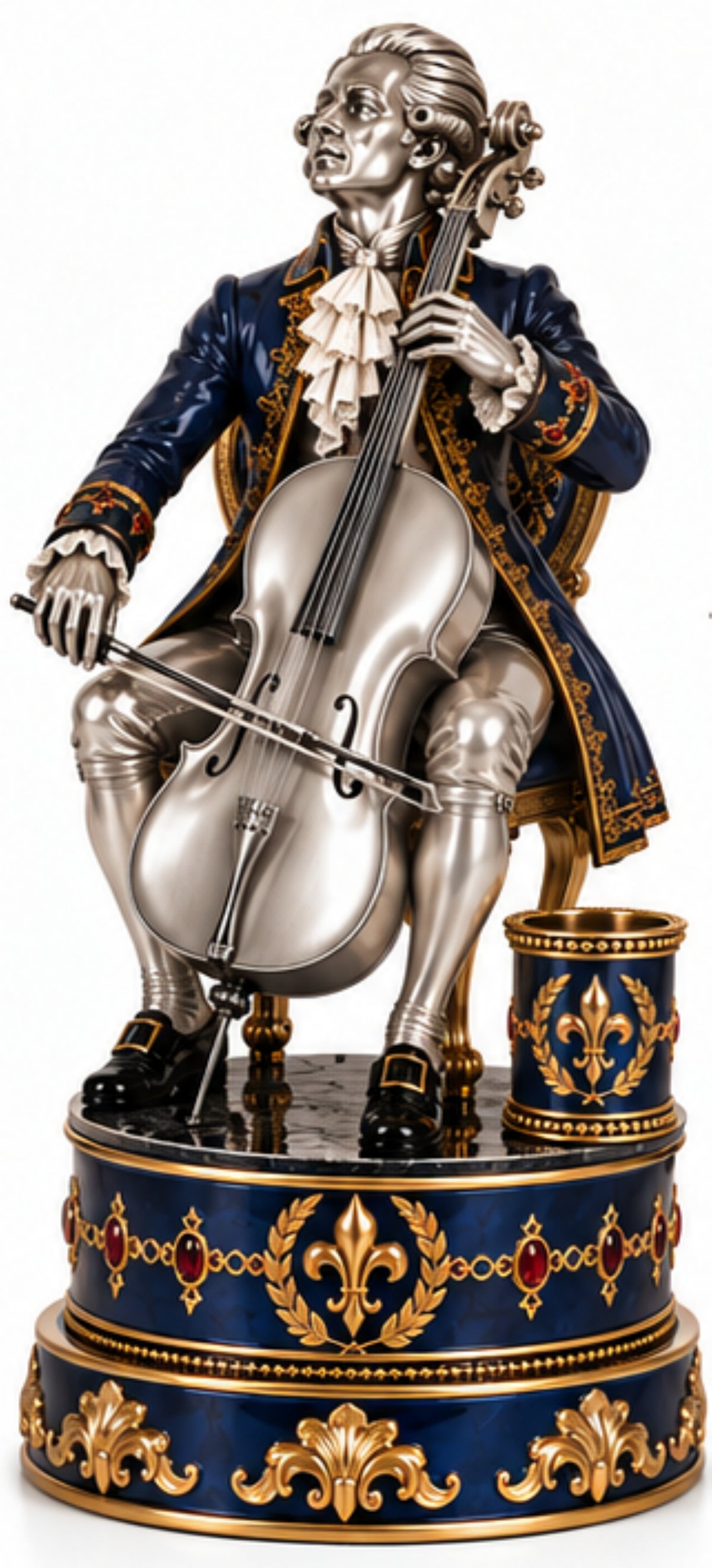 Cellist sculptural paper holder in sterling silver with 24K gold gilt, blue hot enamel, garnets and cello