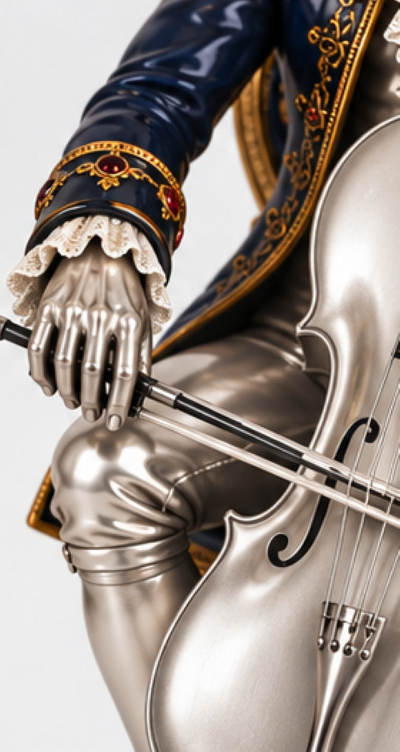 Close-up of Cellist paper holder with blue hot enamel, 24K gold gilt fleur-de-lis ornament and garnet details