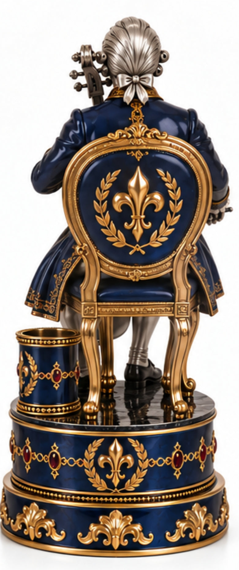 Back view of Cellist sterling silver and 24K gold gilt paper holder with blue enamel and ornate sculptural chair